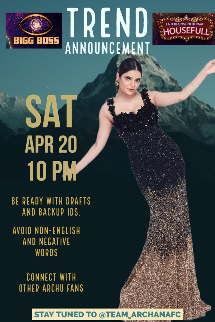 team_ArchanaFC's tweet photo. All Archana fans are requested to join us for a trend as we mark 1 yr of Entertainment Ki Raat Housful.
On Saturday Apr 20th
At 10 PM
Be ready with drafts and backup IDs.
Let's come together to support @archanagautamm
#ArchanaGautam #ArchanaKeAngare https://t.co/8ShNrCRjY2