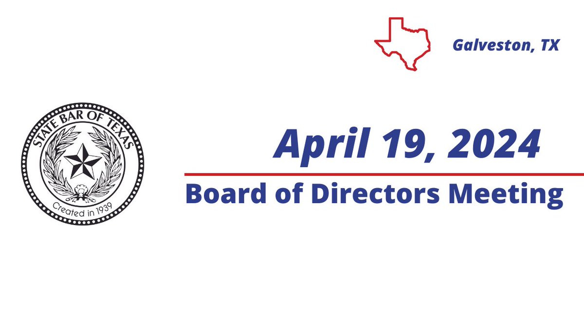 The State Bar of Texas Board of Directors will hold its quarterly meeting April 19 in Galveston. You can find the agenda, meeting materials, and more details here: blog.texasbar.com/2024/04/articl…