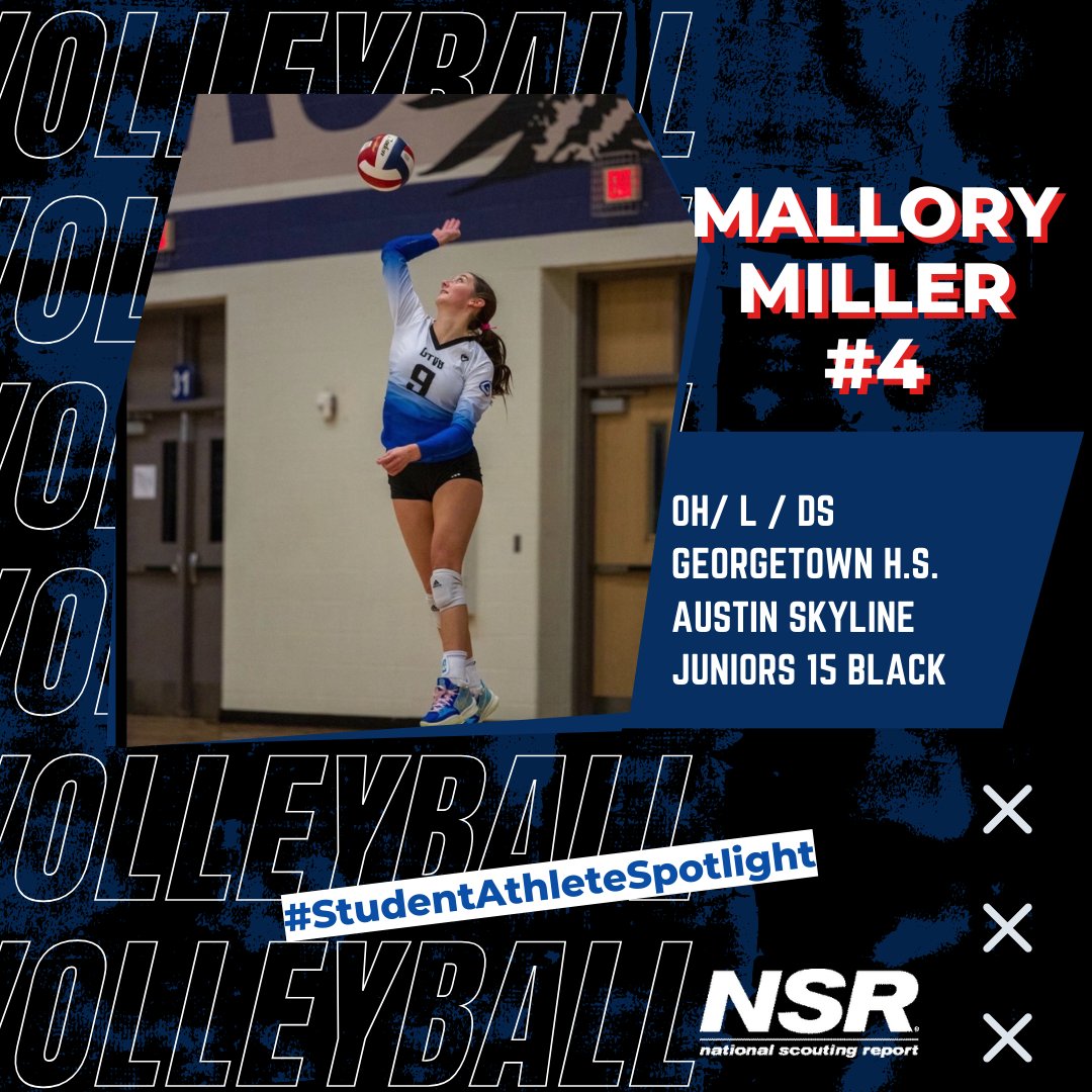 #StudentAthleteSpotlight 🔦 Mallory Miller 🏐 @malmiller_vball 🎓 2027 5'8' OH/L/DS 🏫 Georgetown HS 📚 4.0 GPA 🏆 Undefeated 5A District JV Champion as Fresh. 🎖️ Austin Skyline 15 Black Team Captain 👇 Click here for video & more info about Mallory! evo.nsr-inc.com/prospect_detai…