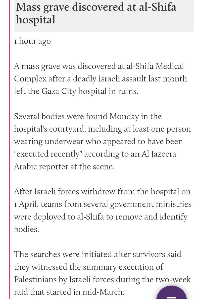 ⚠️WARCRIME⚠️ Mass grave found at Al Shifa hospital. 'Some who had been killed & buried appear to have been patients at the hosp & had medical bandages & catheters attached to their bodies. Families, who identified the bodies, confirmed. Doctors report to have seen executions'.