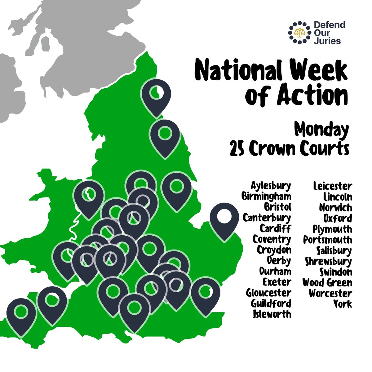 TODAY: Local people visited 25 of the Crown Courts in England & Wales to replicate the act that saw Trudi Warner arrested and threatened with imprisonment for holding a sign stating the law. Tomorrow, we visit a load more. #IAmTrudiWarner #WeAreAllTrudiWarner #ProsecuteMeToo