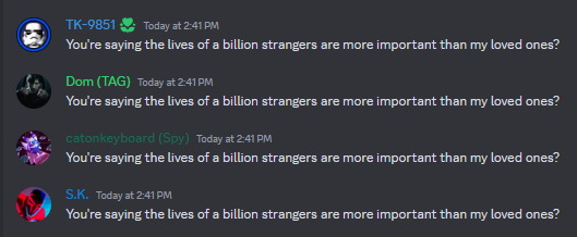 TAG_LXIII's tweet photo. You're saying the lives of a billion strangers are more important than my loved ones? https://t.co/Bu449EkeON