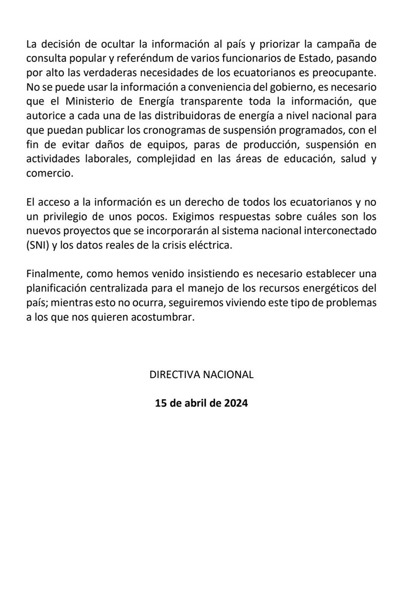 #apagones ¡Sinceren la situación! @RecNaturalesEC debe sincerar la situación eléctrica y permitir que las distribuidoras publiquen el cronograma de cortes. Actuar a escondidas provoca daños en equipos y paros de producción más graves. Aquí nuestro comunicado: