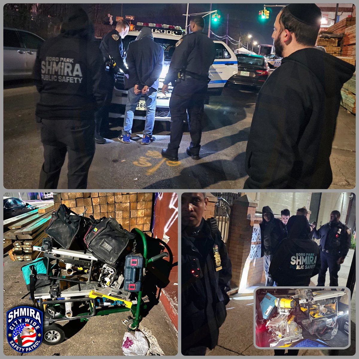 BoroParkShmira's tweet photo. After receiving a hotline call at 4 AM regarding a suspicious male, our #Shmira volunteers quickly responded and #ColdBusted him breaking into a commercial vehicle and removing thousands of dollars' worth of expensive tools. After notifying @NYPD66Pct, they quickly responded, and he was placed under arrest. #EyesAndEars #TeamWork