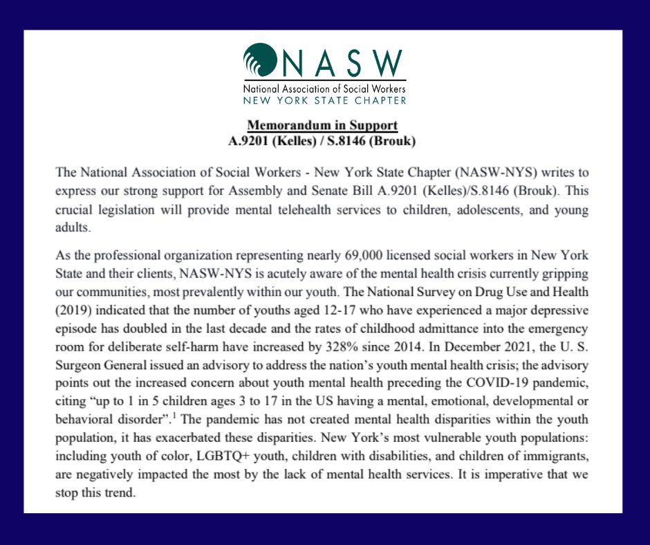 SenatorBrouk's tweet photo. The 69,000 members of @NASWNYS agree: the budget needs to include my legislation with @AMKelles to provide mental telehealth appointments to children &amp; young adults. As leaders, we have an obligation to connect our young people with the care &amp; support they need to thrive. #5free https://t.co/Nopdmy5d34