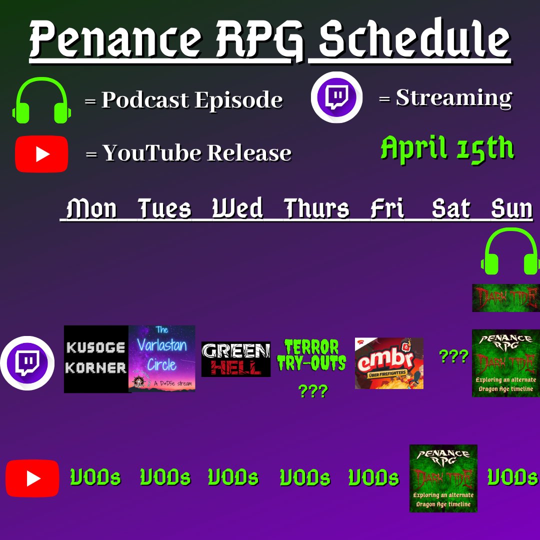 Where to find us this week:
Twitch.tv/penancerpg

We have #TTRPG streams on #Twitch! They go up on #YouTube before the next stream #Horror &amp; co-op games daily

#indie #gaming #podcast #GamingPodcast #TTRPGs #TwitchAffiliate #TwitchStreamer #HorrorGames #RPG #DnD #HomeBrewRPG
