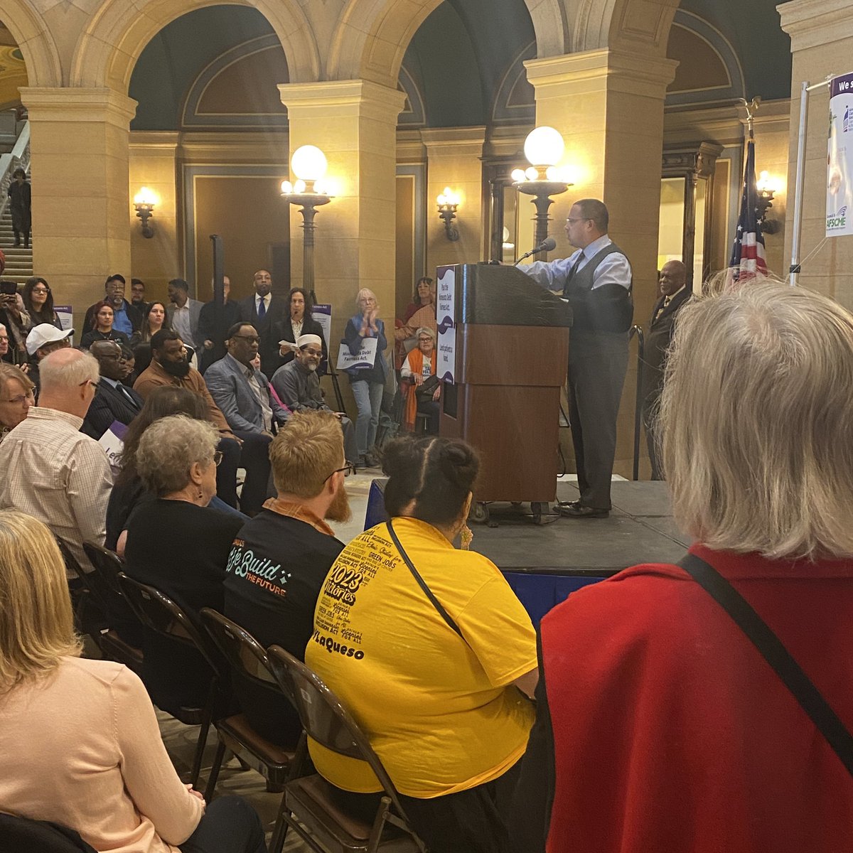 📣 @AGEllison shouts out people coming together across faith to achieve justice. “In every scripture represented on the podium today, we have a moral imperative to relieve unfair debt load.” #MNDebtFairness