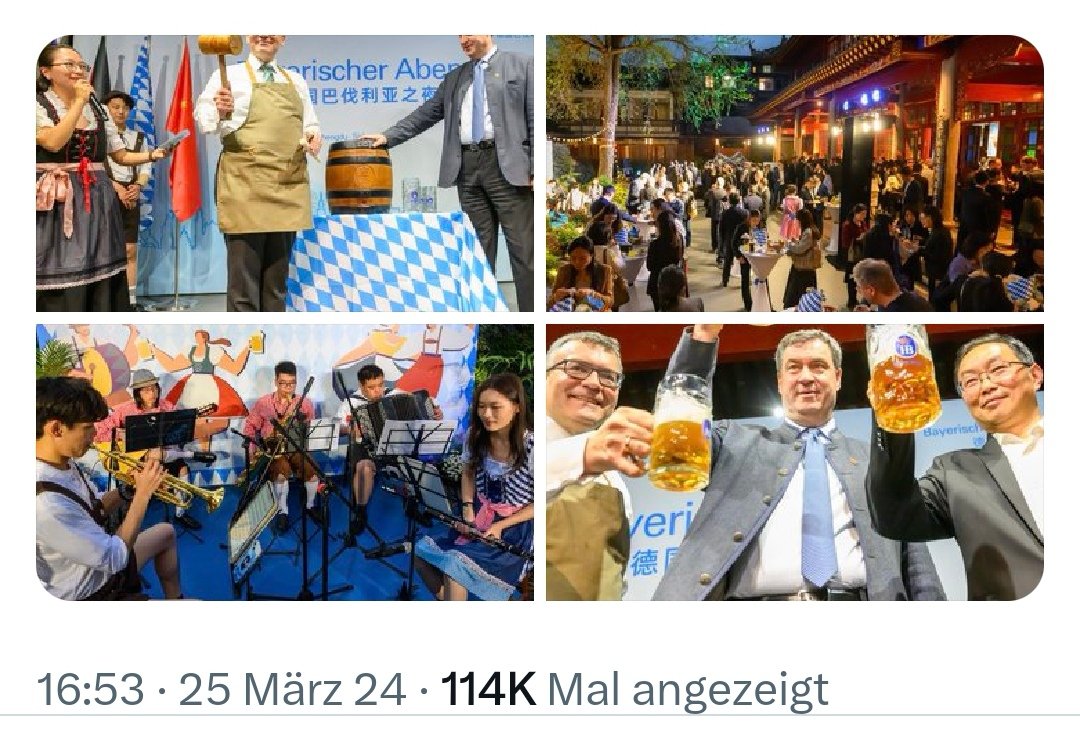 'Gab natürlich auch ein Fass Hofbräu – das ist die Biermarke des Freistaats in der Welt. @fwhfreising hat angezapft.' #China #Bayern #Drogen