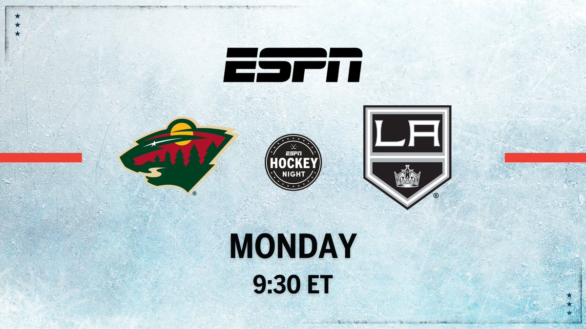 Monday, #NHL action continues on ESPN 🏒 9:30p ET | #mnwild at #GoKingsGo 🎙️ @espnSteveLevy, @TheRealCally24, @leahhextall Studio | @Arda, @KevinWeekes