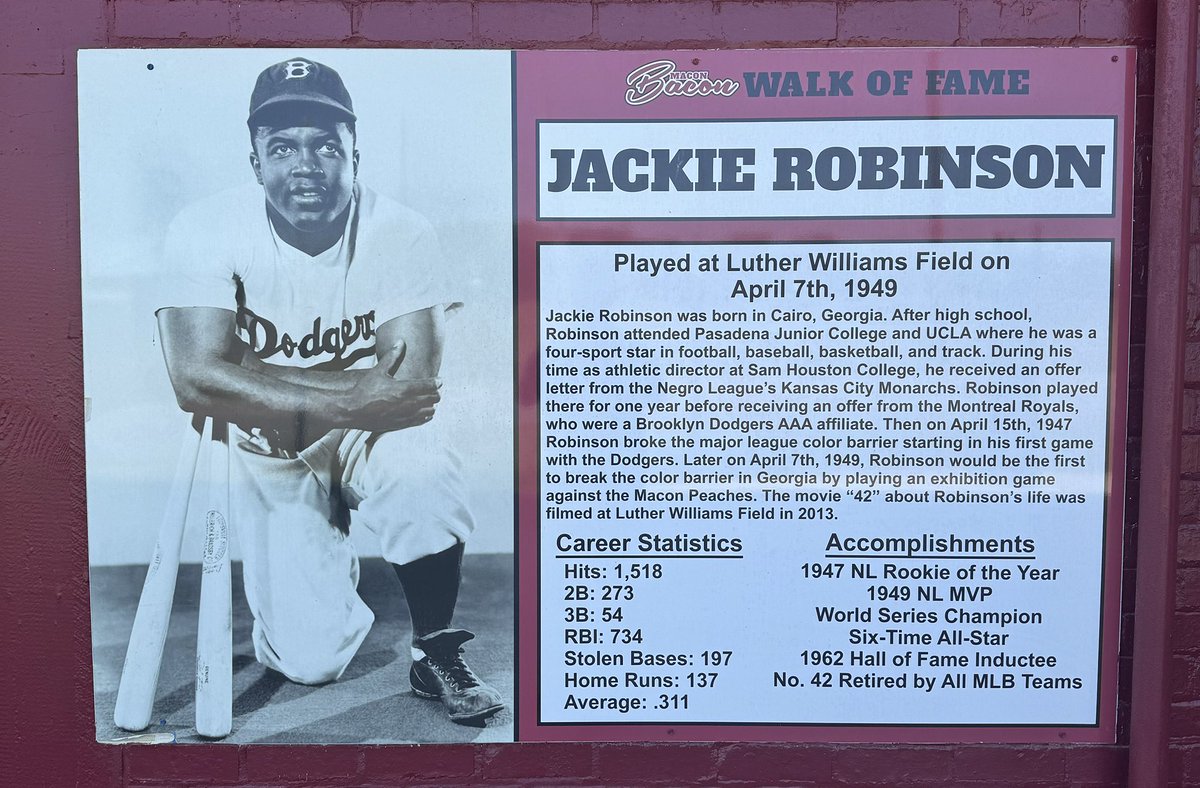 Jackie Robinson Day is extra special in Macon. On April 7th, 1949 Robinson broke the color barrier in the state of Georgia when the Brooklyn Dodgers played the Macon Peaches at Luther Williams Field. And yes, 42 had a game — 3 hits, 2 RBI’s and a run scored. @13wmaznews