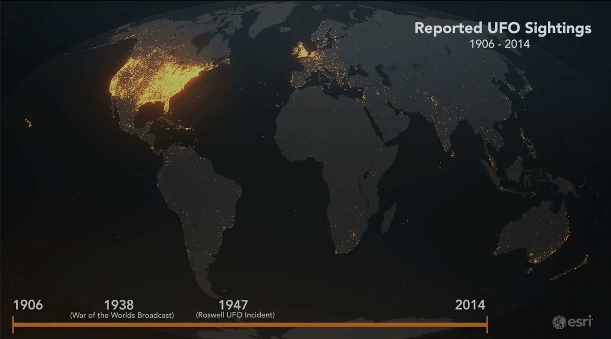 @stats_feed This is a map of all reported UFO sightings, 1906-2014 (Source:ESRI)