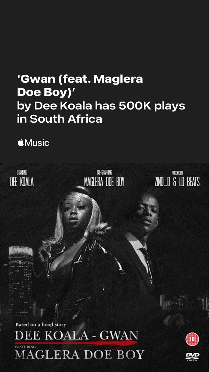 500 000+ Apple Music plays in SA, thank you so much for the love and shoutout to my brother @MagleraDoeBoy 🫶🏽