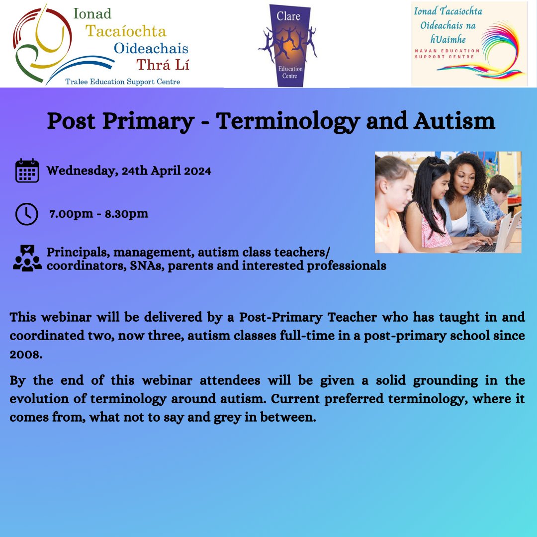 📢 Post Primary Teachers and SNAs ➡️ Terminology and Autism 📅 Wednesday 24th April ⏲️ 7pm - 8:30pm 🗣️ Post-Primary Teacher 📌 Zoom 💰 FREE ®️ zoom.us/webinar/regist… @TraleeESC @CentreNavan