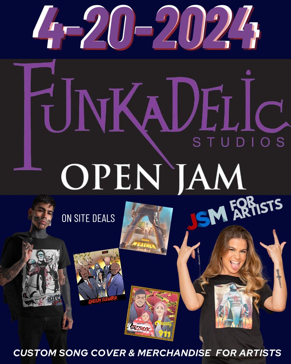 Join JSMforArtists this Saturday with <a href="/MusicStudiosNYC/">FunkadelicStudios</a> for a #420 #NYC celebration! 

Our partner, Funkadelic Studios is hosting a musicians' open jam from 6-10. See samples of our end to end custom illustration and merch print to delivery service.

link eventbrite.com/e/420-open-jam…