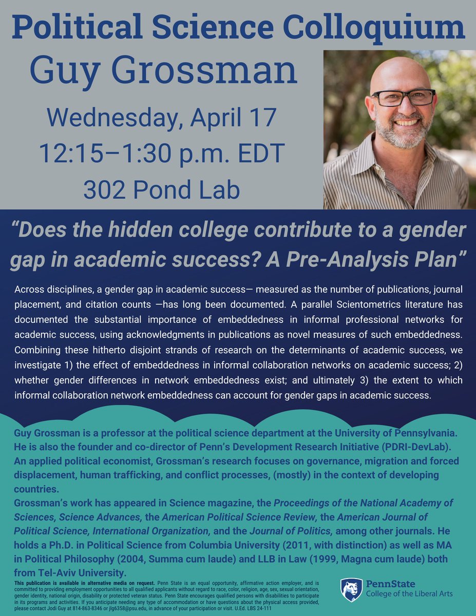 Excited to welcome @PoliticsAtPenn's Guy Grossman to State College! Join us Wednesday (4/17) at noon at @psupolisci if you're on campus.