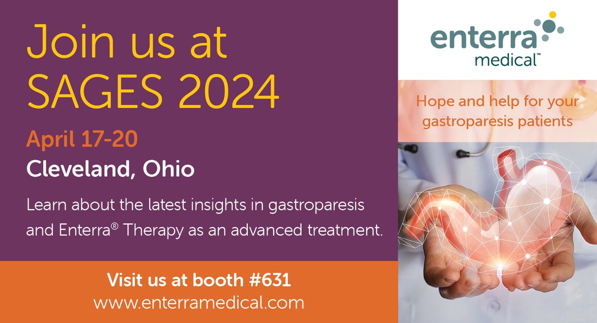 EnterraMedical's tweet photo. Enterra Medical is excited to attend #SAGES2024! Visit booth #631 to connect with Enterra Medical’s leadership to learn about future technologies, clinical science, &amp; increasing patient access to Enterra® Therapy.  #GITwitter @SAGES_Updates Safety info: https://t.co/EufH5dpooe https://t.co/TzMBe3qnAF