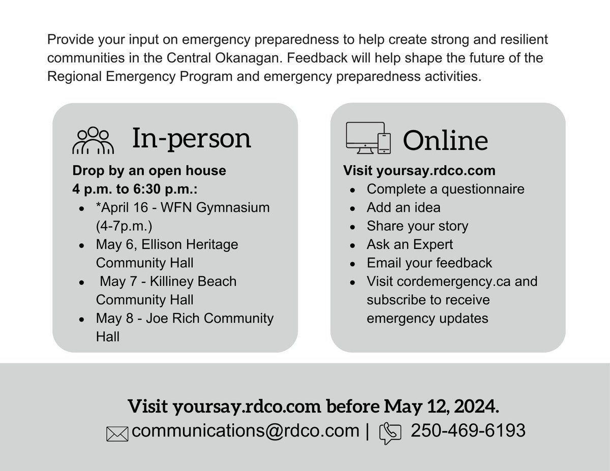 ⛑️Being prepared for emergencies is crucial for our safety & well-being. Hey #CentralOkanagan - share your thoughts on #emergencypreparedness! 🔺Drop in at an open house 🔺Complete a questionnaire 🔺Take part in the #AskanExpert series 📢Get involved: yoursay.rdco.com