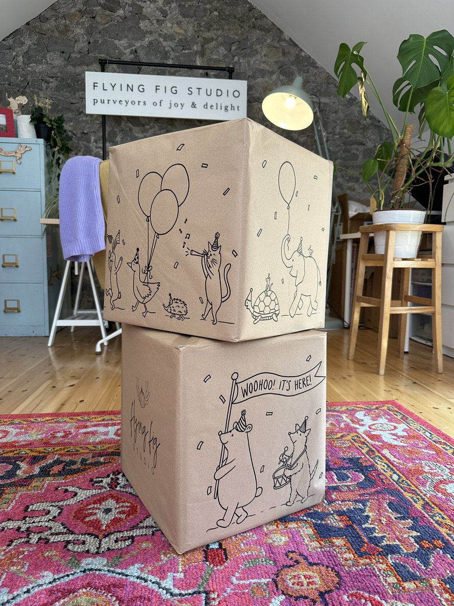 FlyingFigStudio's tweet image. Two orders on their way to lovely new stockists today. I reused some ugly boxes to send them, so designed some cute paper to wrap them in ☺️