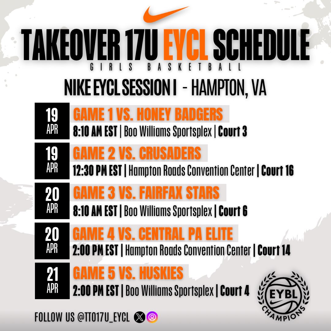 Team Takeover 17U EYCL (@tto17u_eycl) on Twitter photo 🚨🚨🚨Here’s our Nike EYCL Session I Schedule down in VA!!! 🔥🔥🔥<a href="/nikegirlseycl/">Nike Girls EYBL Champions League</a> <a href="/NikeGirlsEYBL/">Nike Girls EYBL</a> <a href="/TeamTakeoverGBB/">TeamTakeoverGirlsBB</a> 🚨🚨🚨Here’s our Nike EYCL Session I Schedule down in VA!!! 🔥🔥🔥<a href="/nikegirlseycl/">Nike Girls EYBL Champions League</a> <a href="/NikeGirlsEYBL/">Nike Girls EYBL</a> <a href="/TeamTakeoverGBB/">TeamTakeoverGirlsBB</a>