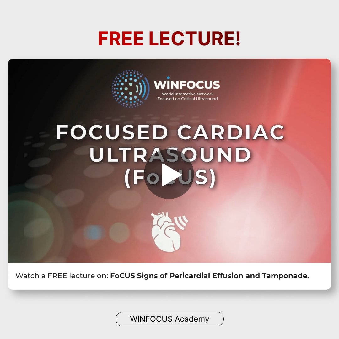 FREE Lecture! Would you like to watch an entire module of the #FoCUS eCourse? Click the link, and we'll send it to you instantly! FoCUS Signs of #Pericardial Effusion and #Tamponade Link: shorturl.at/bgkLT #POCUS #MedEd #Pericardialeffusion #WinfocusAcademy #WinfocusWorld