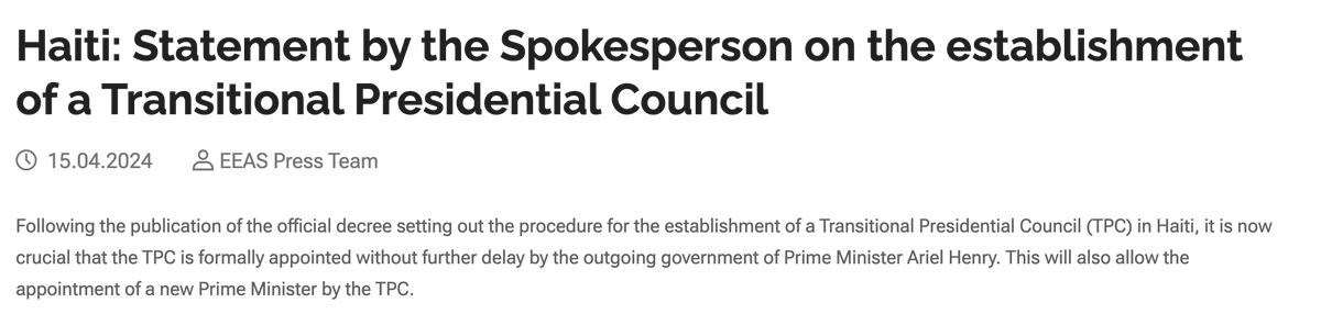 Unlike the US, UN, and CARICOM — who uncritically and prematurely celebrated the 'establishment' of the Presidential Council — the EU seems to understand that the de facto authorities are still desperately clinging to power. eeas.europa.eu/eeas/haiti-sta…