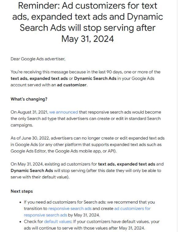 Goodbye Ad customizers

Navah Hopkins found out that Ad customizers will stop working for expanded text ads and dynamic search ads after May 31, 2024.

#PPC #SEA #Ads #GoogleAds