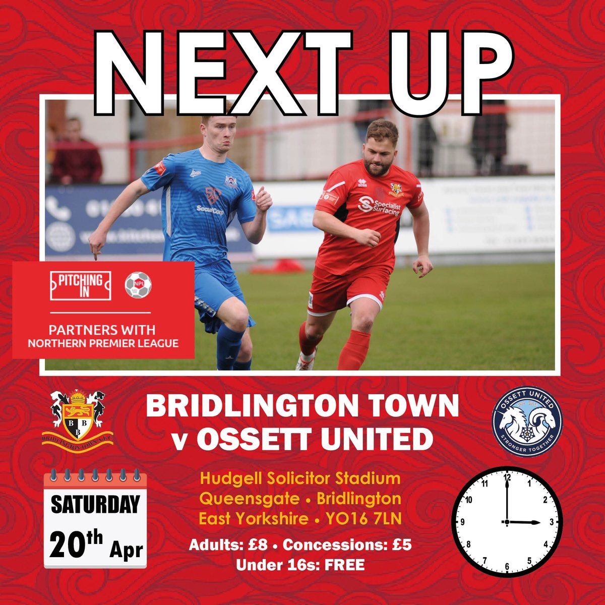 NEXT UP | Our penultimate league game! 🆚 Ossett United ⏰ 3pm 📍 Hudgell Solicitor Stadium 🎟 £8 / £5 📅 Saturday 20th April 🔴⚪ #SeaSeaSeasiders