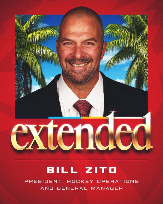Red graphic with a photo of Panthers General Manager Bill Zito in the center with a blue sky and palm trees behind him.

"extended" is written in gold embossed lowercase text, with "Bill Zito" and "President, Hockey Operations and General Manager" is uppercase white text below.