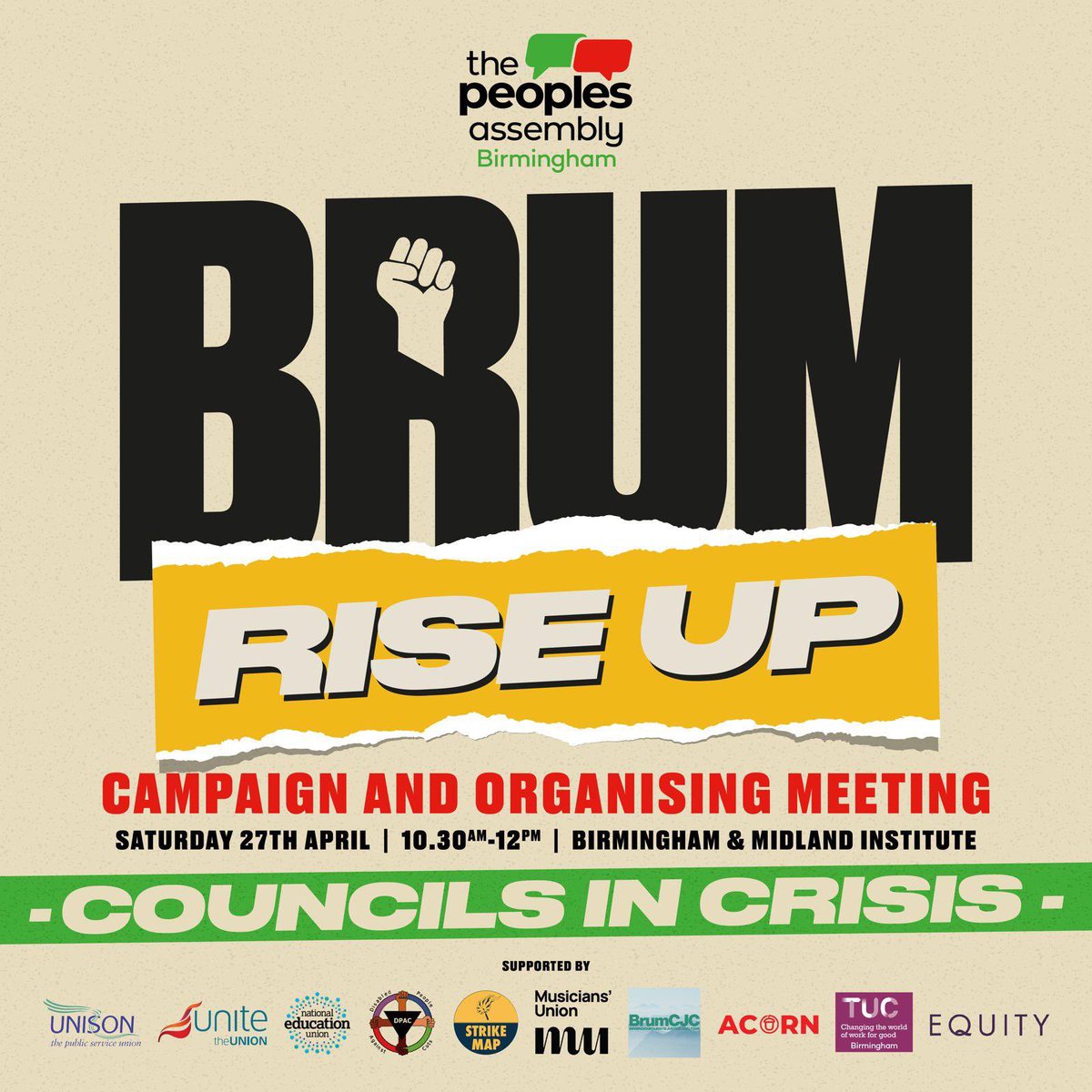 If you live/work in #Birmingham then come along to have your say on the massive cuts being inflicted on our city.
Saturday 27th April 10:30am to midday Birmingham Midland Institute.
Time to #FightBack and time for a #BrumRiseUp
#StopCouncilCuts demand proper funding for services