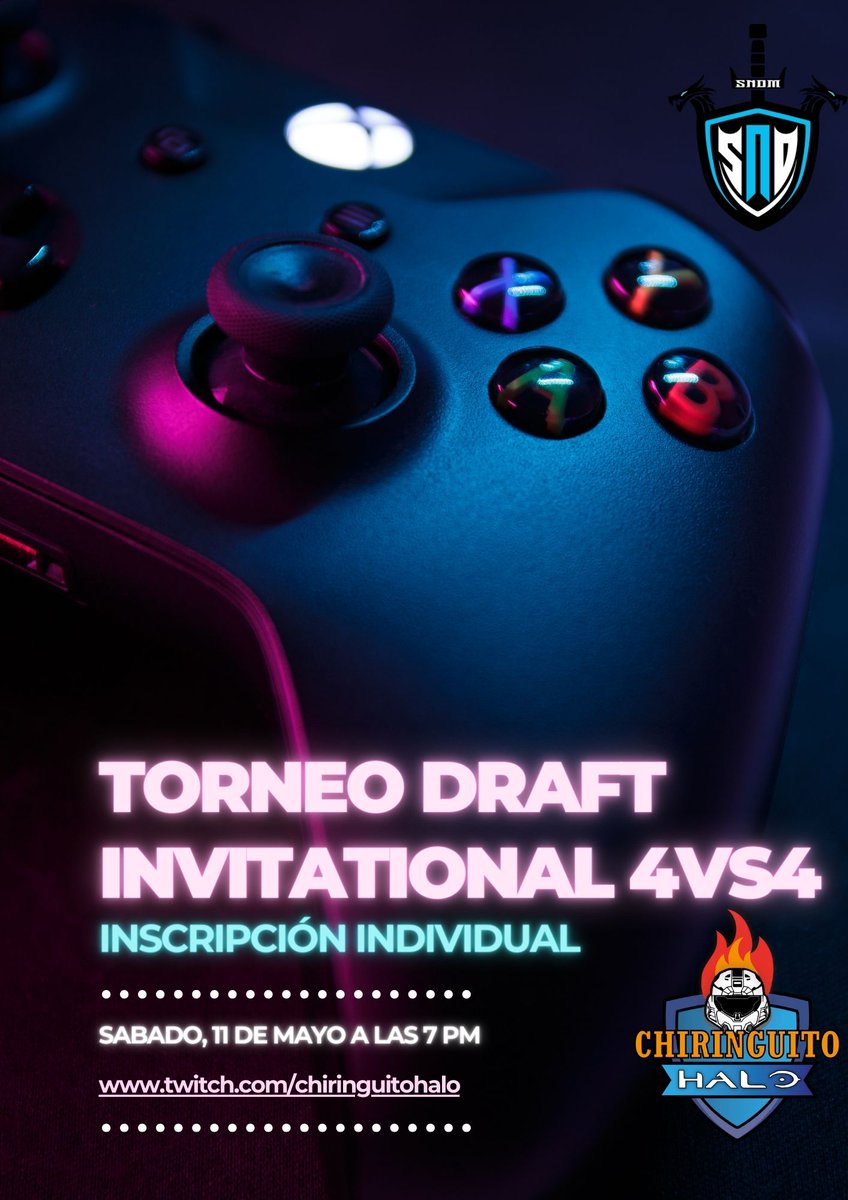 🫡 #Torneo #HaloInfinite Draft Invitational 🫡

📆11/05 a las 7 pm
📝forms.gle/iNA9batn4CxDvG…
🔴twitch.com/chiringuitohalo
🔎Inscripción en solitario hasta el 30/04
🕹️Creación de los equipos balanceados el 01/05

Organizado por #la_snom #ChiringuitoHalo <a href="/koletasvendetta/">Elfile</a> <a href="/Ferzilla54/">Ferzilla54</a>