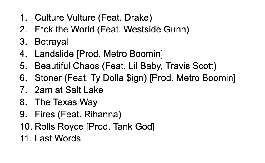 Post Malone Album Concept: "Culture Vulture" 
- A Concept I've had for a while
- 100% Hip Hop, mores than B&amp;B
- Emphasis on Singing and Hip Hop Blending
- High Amounts of Collaborations
- Would be a Surprise drop or an announcement short before
Dream Tracklist: