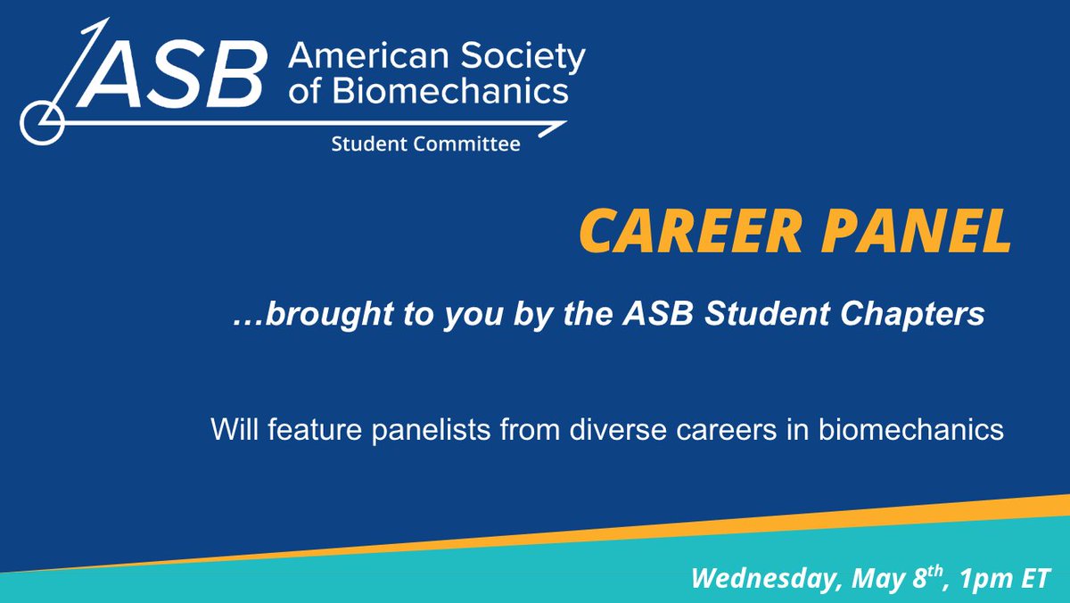 AmSocBiomech's tweet photo. #ASBStudents

Our student chapters have organized an awesome career panel with panelists from diverse careers across biomechanics.

Mark your calendars for Wednesday, May 8th at 1pm ET. Register here: https://t.co/0mSc9esoUV https://t.co/2S4aecYO3q