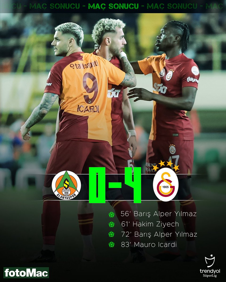 🦁 ASLAN ŞOV YAPTI, LİDERLİĞİ GERİ ALDI! 🇹🇷 Süper Lig | Alanyaspor 0 - 4 Galatasaray 🟥 19' Fatih Tekke 🟥 64' Leroy Fer 1⃣ Galatasaray - 87p 2⃣ Fenerbahçe - 85p . 1⃣0⃣ Alanyaspor - 42p ✅ Galatasaray, Süper Lig'de üst üste 13. galibiyetini aldı.