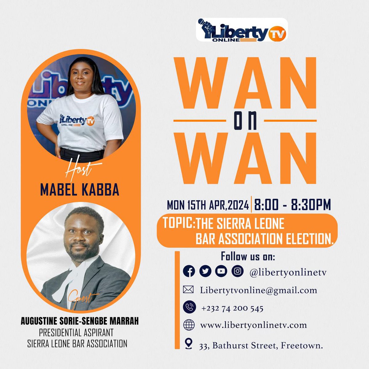 Kindly join us on tonight’s edition of the WAN on WAN program as host Mabel Kabba will interview one of the presidential aspirants of the Sierra Leone Bar Association, Augustine Sengbeh Marrah @SoeMarrah , Esq… #journalism #salonex