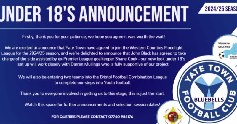 YateTownFC's tweet photo. We are excited to announce that we have re-formed Yate Town U18's and have agreed to join the Western Counties Floodlight League in the 2024/25 season, and we are delighted that John Black has agreed to take charge of the side assisted by Ex-Premier League goalkeeper Shane Cook.