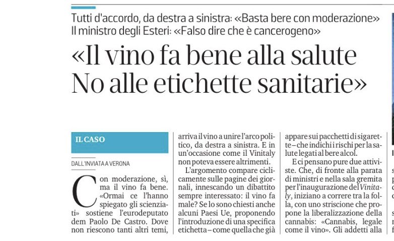 «Il #vino...assunto in maniera moderata, è sano», «Ormai ce l'hanno spiegato gli scienziati» @paolodecastro, «Qualsiasi cardiologo dice che un bicchiere fa bene» via  @il_piccolo ▶️ eppure da @AIRC_it a @who l'#alcol NON fa bene, cercare una diversa comunicazione? @coldiretti