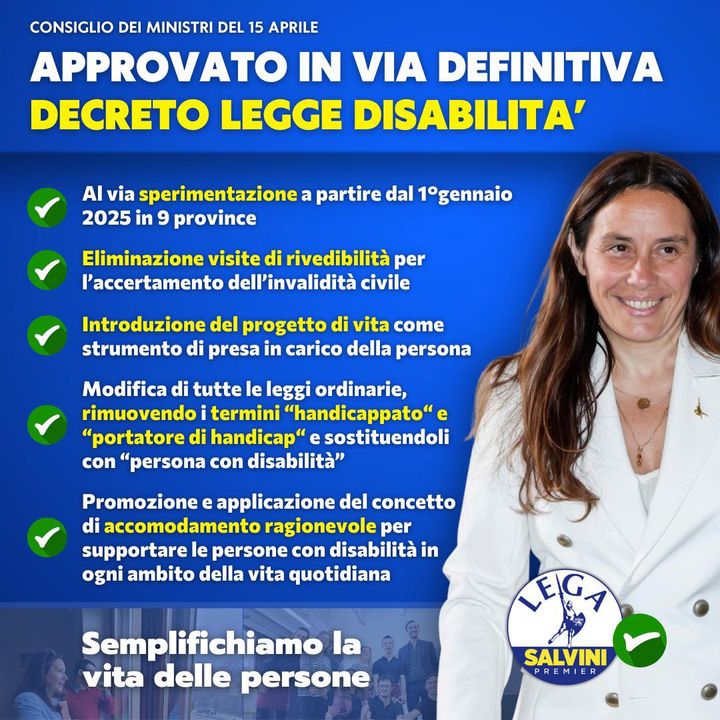 ✅ APPROVATO IN VIA DEFINITIVA DECRETO #DISABILITÀ, A GENNAIO AVVIO SPERIMENTAZIONE.

▶️ Il ministro Lega per la disabilità, Alessandra Locatelli: “Ciò semplifica il sistema di accertamento dell’invalidità civile, eliminando le visite di… facebook.com/50315025116667…