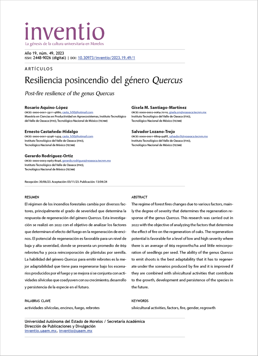 EdicionesUAEM's tweet photo. #INVENTIO #RevistaDivulgación #multidisciplina
Revista Inventio / Publicación adelantada
"Resiliencia posincendio del género Quercus"
Rosario Aquino, Ernesto Castañeda, Gerardo Rodríguez, Gisela M. Santiago, Salvador Lozano
Artículo completo
https://t.co/OGdtsRshHO
@prensauaem https://t.co/RJ66mKi9PO