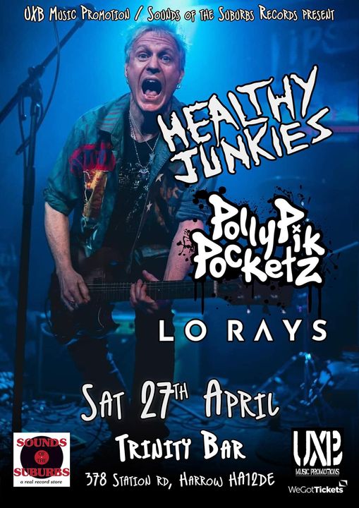 Next shows for @HealthyJunkies Fri 26 Apr at @ShacklewellArms, #London as special guests s/ Yur Mum w/ Colossus. 7.30pm. Dtls bit.ly/3J360DZ & Sat 27 Apr at @trinitybar, #Harrow w/ PollyPikPocketz + Lo Rays. 7.30pm. Dtls bit.ly/49D4gfT. #LiveMusic #promotion