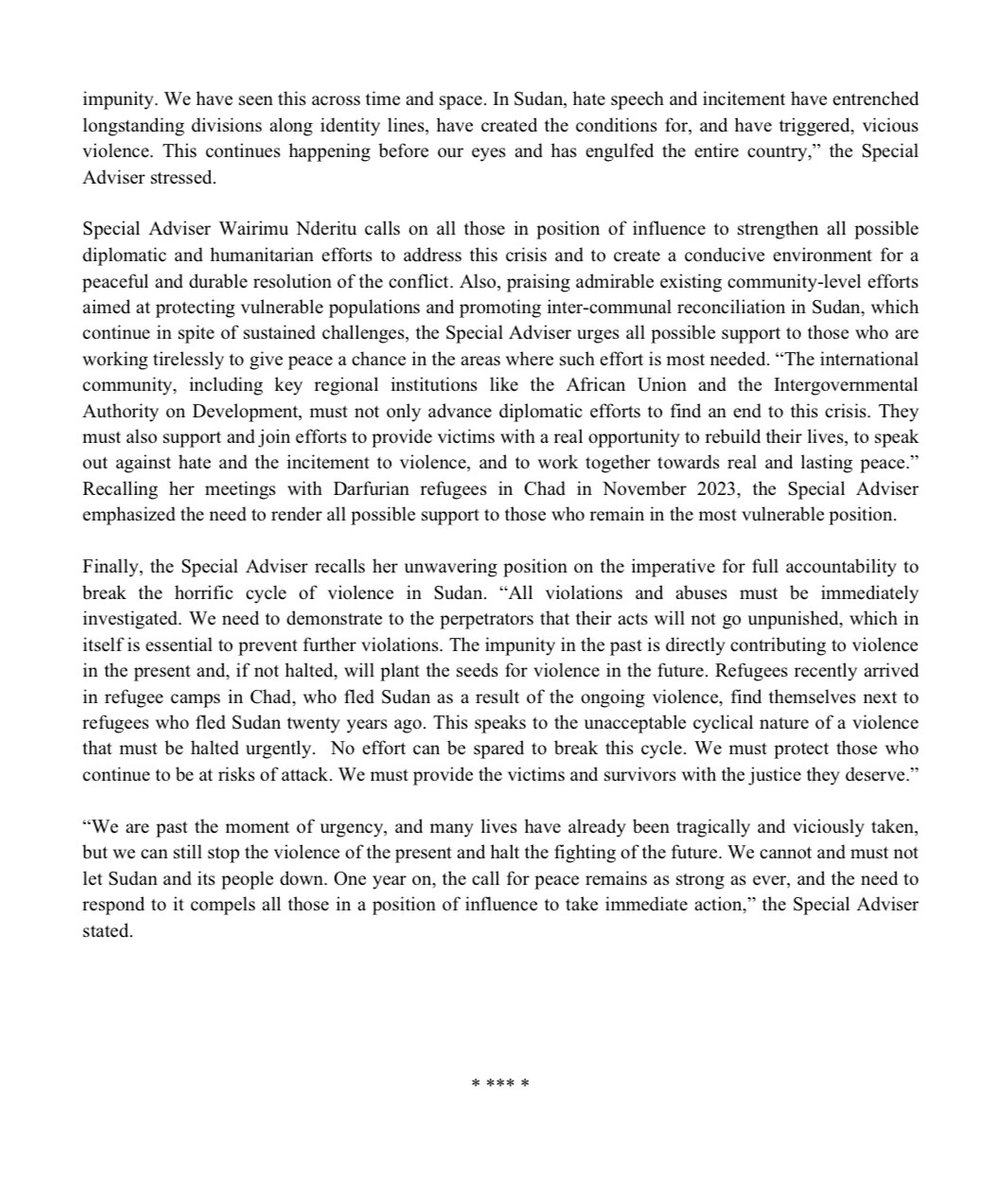 📌 Latest statement by @UN Under-Secretary-General & Special Adviser @WairimuANderitu on #Sudan ⤵️ 'One year on, we are no closer to peace than when the crisis started. This is devastating. This is unacceptable.' 🔗un.org/en/genocidepre…