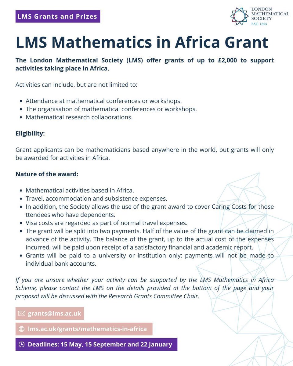One month left to apply for the next round LMS Mathematics in Africa Grants, where a maximum of £2,000 partial funding is available for any maths activities (eg. events, conferences, research) taking place in Africa. Next deadline: 15 May. ➡️ lms.ac.uk/grants/mathema…