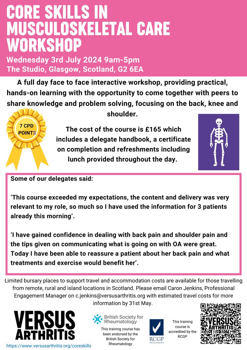 We are excited to announce our Core Skills in MSK Care Workshop 🎉 Join us Wednesday 3rd July 2024 (9am-5pm) for a full day, in-person, interactive workshop. For more information please view our flyer below, and access our QR code or webpage! - bit.ly/3Q2Q8W0