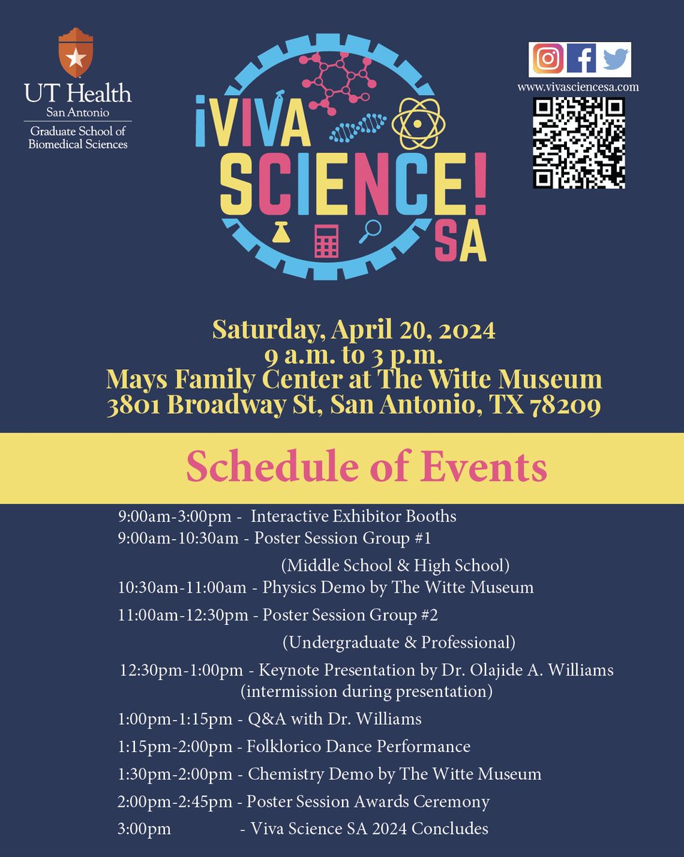 Join us for VIVA SCIENCE SA this Saturday at @WitteMuseum. Come visit our booth for hands-on activities & talk #science! 🧪 FREE to attend. Music, food trucks, lots of #STEM activities, demos, artwork +more! w/ @UTHealthSA_GSBS @ScienceViva @FiestaSA
