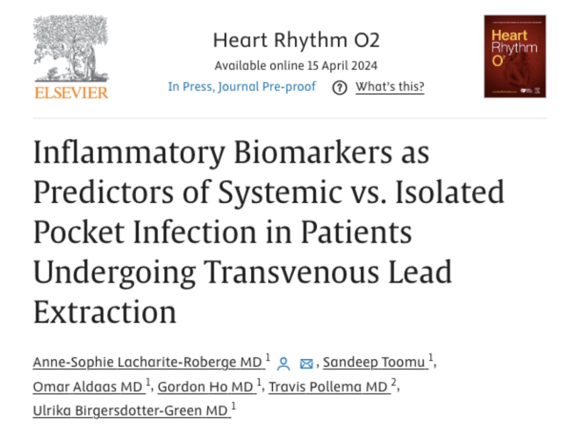 Just in press! Inflammatory biomarkers are not helpful in the diagnosis of isolated pocket infection. Physical exam and history taking remain the gold standard. Do not ignore your device patients with pocket discomfort! <a href="/HRSonline/">Heart Rhythm Society</a> #EPeeps <a href="/UCSDCardFellows/">UC San Diego Cardiology Fellows</a> <a href="/UCSDHealth/">UC San Diego Health</a> #WomeninEP