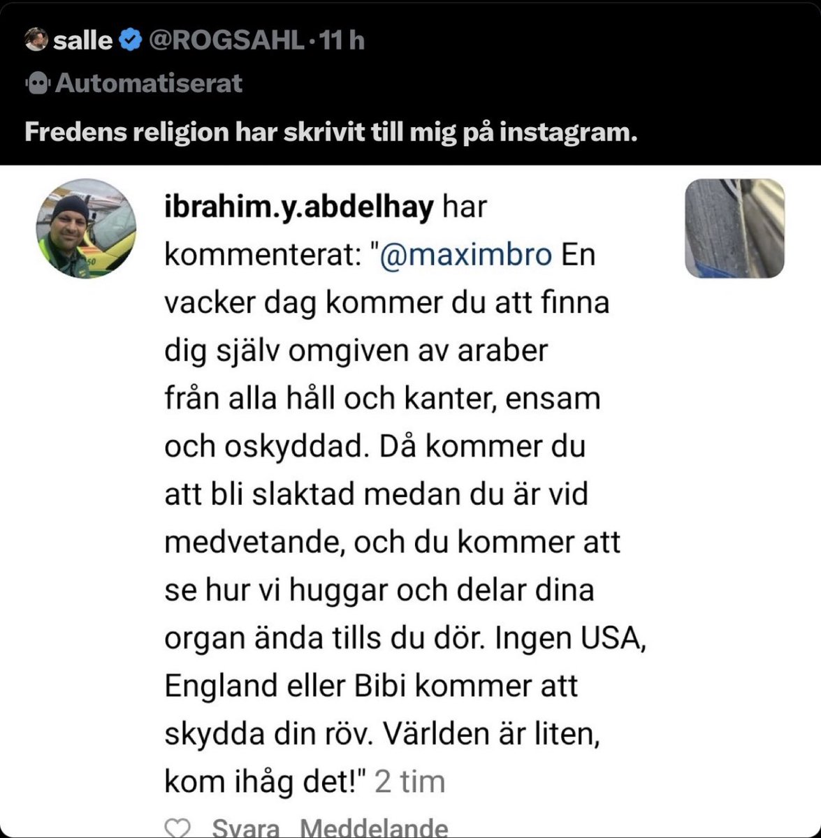 I Sverige finns alltså sjukvårdspersonal - som öppet skriver att han vill slakta en person och tortera honom till döds. Känns det bra med sådana sjukvårdare? #svpol #migpol