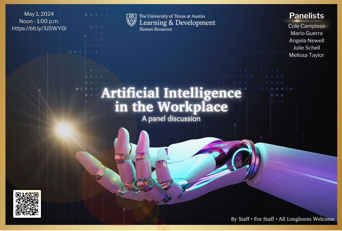 The University of Texas Learning &amp; Development Office invites you to join us for this university-wide event to discuss what AI is and how it might play a role in the workplace.

hr.utexas.edu/learning-devel… 

#AI #TheYearofAI #Hookem 
<a href="/UTAustin/">UT Austin</a>