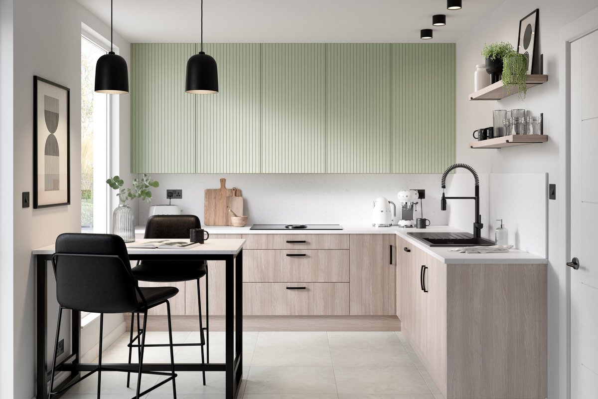 Introducing our NEW range of Grooved 5G doors! This coastal chic design features the Mila door in our new Meadow Green colourway as wall units, paired with the Cutler slab door in new Urban Oak! #hytal #hytalkitchens #kitchen #kitchendesign #modern #modernkitchen #shoplocal