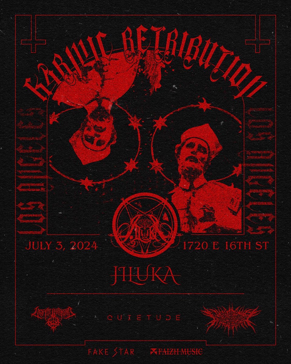 USA：ロサンゼルスでの
JILUKA初公演が決定しました！

Announcing our first show in Los Angeles!

😈 K4RMIC RETRIBUTION😈 
Metal event in Los Angeles 
7/3 at 1720 

◎Ticket on-sale day/time: 
Friday April 19, 12:00PM PT
 (Saturday April 20, 04:00AM JST)
 fakestarusa.com