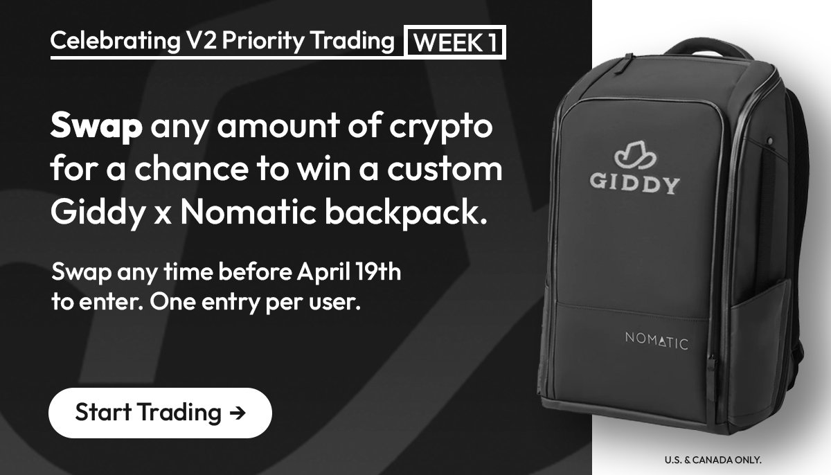 Giddy V2 priority trading is live and we're celebrating with a new #giveaway every week! 🎉

Test out our faster, cheaper, and safer self-custody swaps for a chance to win a Giddy x Nomatic backpack.

Winners will be contacted via email. Good luck! 🤞