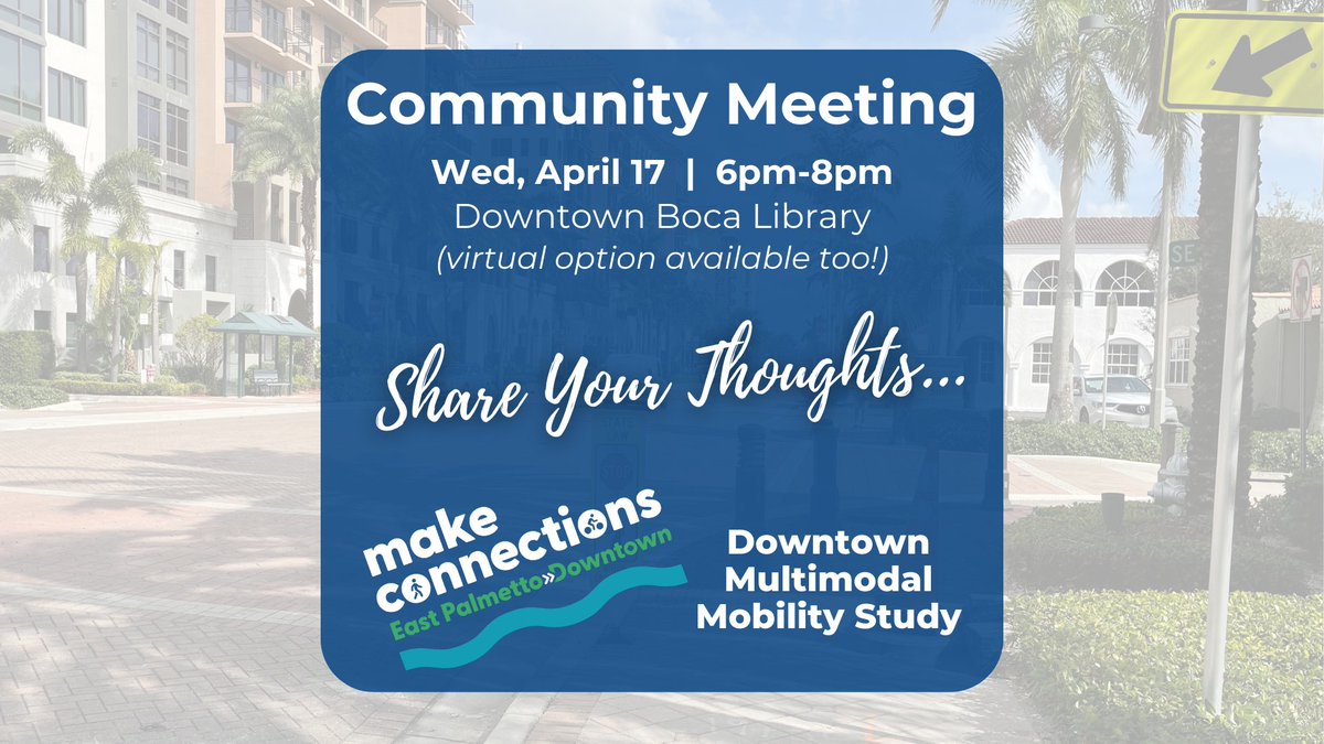 THIS WEDNESDAY, April 17 The public is invited to attend a community meeting to SHARE ideas & feedback regarding East Palmetto Park Road. A priority of the City’s mobility and connectivity efforts is to create a multimodal corridor along East Palmetto Park Road with expanded…